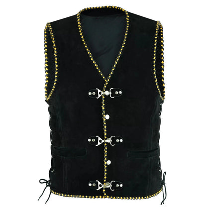 Men's Real Suede Leather Vest Yellow Black Braided Motorcycle Biker Style