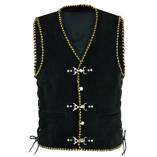 Men's Real Suede Leather Vest Yellow Black Braided Motorcycle Biker Style