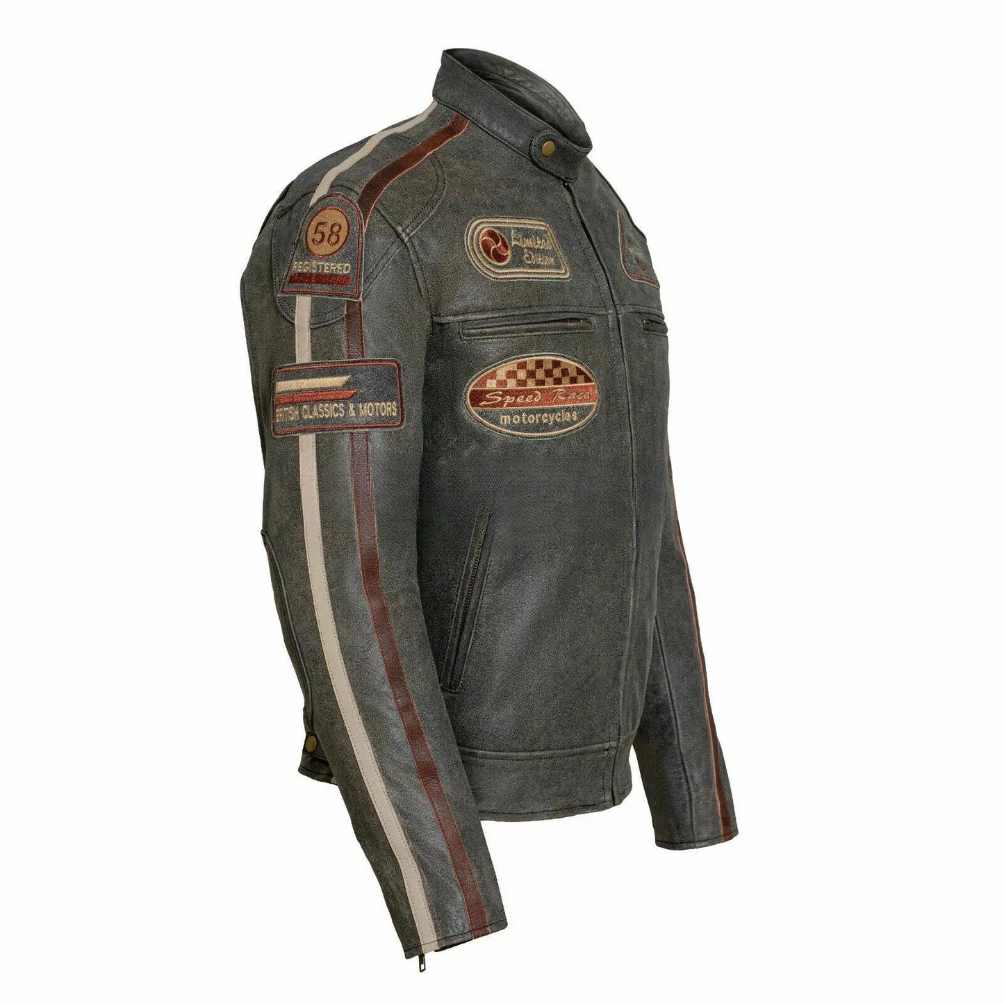 Mens Stylish Brown Leather Biker Jacket British Style with Stripes & Badges