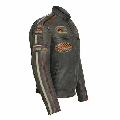 Mens Stylish Brown Leather Biker Jacket British Style with Stripes & Badges