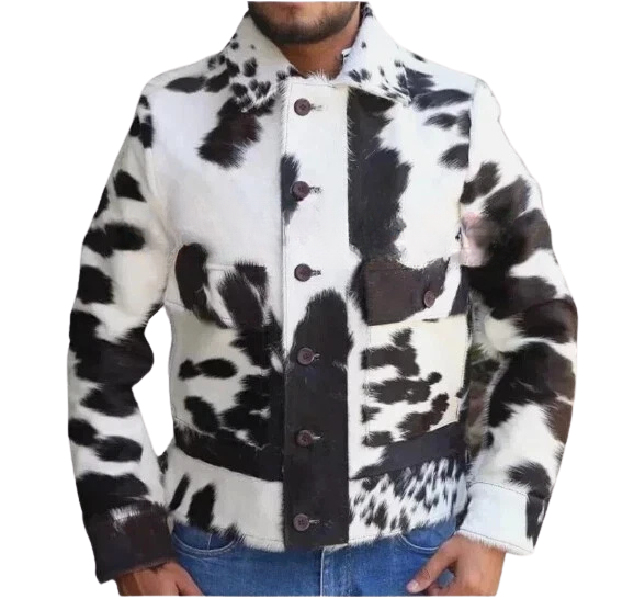 Men's Cowhide Soft Leather Jacket Hair-On Natural Real Cow Skin Fashion Coat