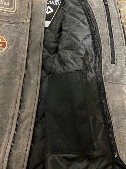 Men’s British Motorcycle Jacket Dirty Grey Leather Biker Badged Striped