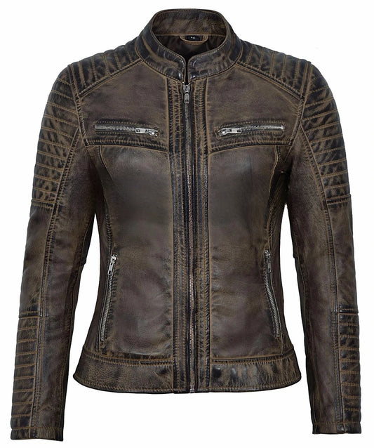 Ladies Vintage Soft Leather Jacket Dirty Brown Biker Speed Riding Style