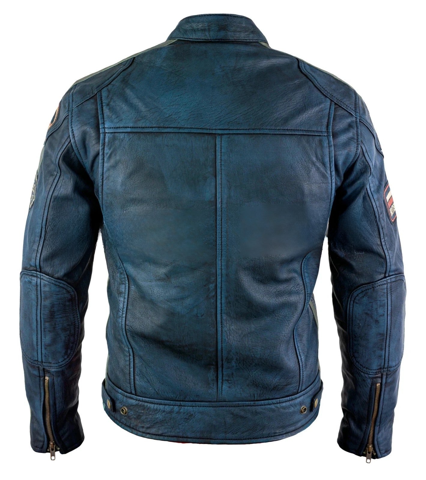 Mens Black Wax Leather Biker Jacket British Style with Badges & Stripes