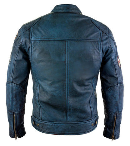 Mens Black Wax Leather Biker Jacket British Style with Badges & Stripes