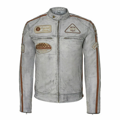 Men’s British Motorcycle Jacket Dirty Grey Leather Biker Badged Striped