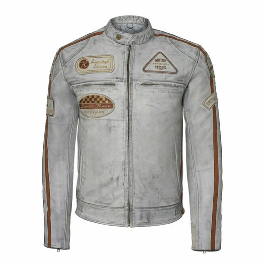 Men’s British Motorcycle Jacket Dirty Grey Leather Biker Badged Striped