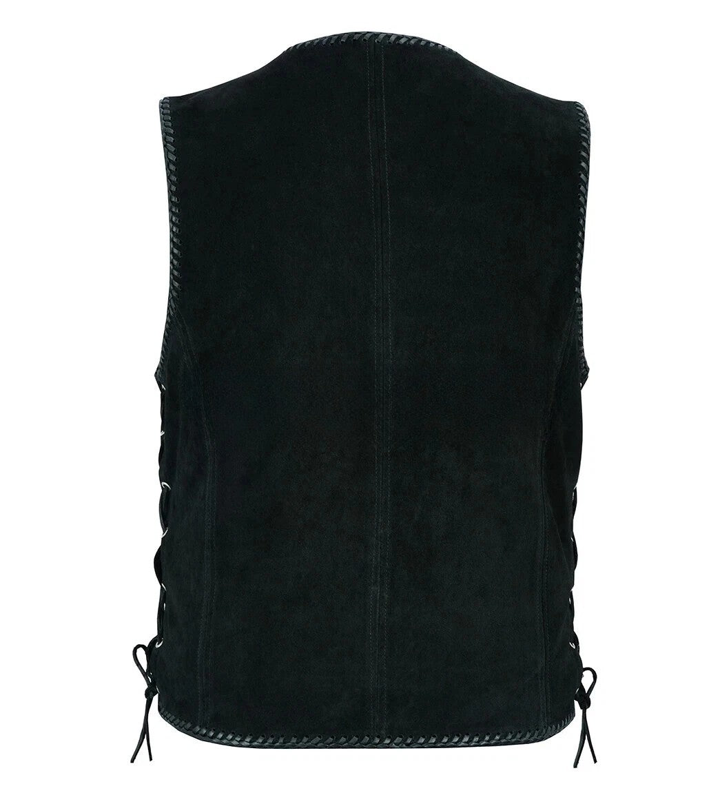 Men's Real Suede Leather Biker Style Vest Braided Black Motorcycle Waistcoat