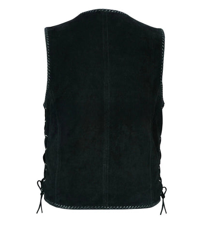Men's Real Suede Leather Biker Style Vest Braided Black Motorcycle Waistcoat
