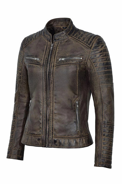 Ladies Vintage Soft Leather Jacket Dirty Brown Biker Speed Riding Style