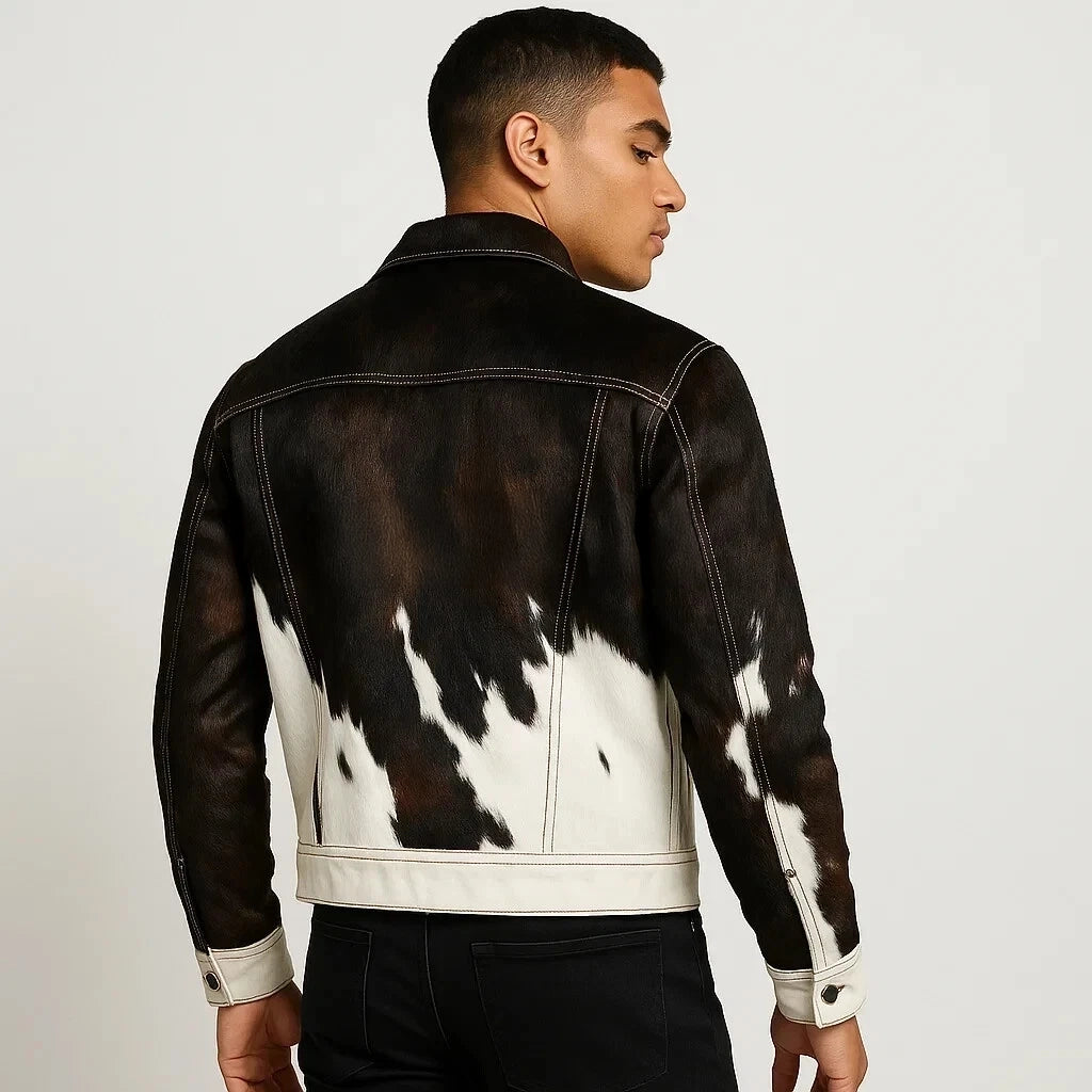Men's Cowhide Hair-On Leather Jacket Real Pony Skin Animal Print Coat Premium
