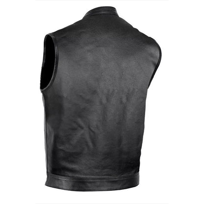Men's Motorcycle Club Leather Vest – Concealed Carry, Solid Back for Patches