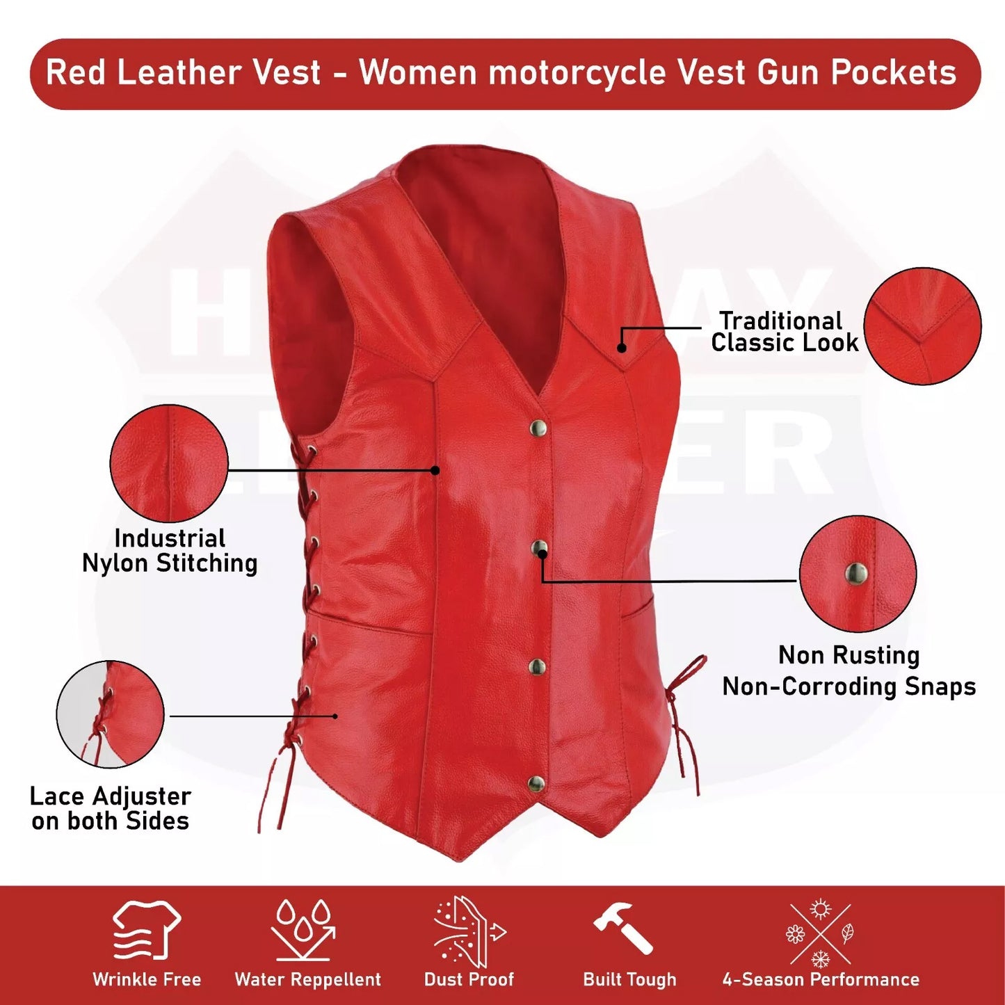 Women's Red Leather Motorcycle Vest – Gun Pockets & Easy Patch Sewing