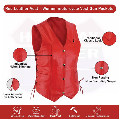 Women's Red Leather Motorcycle Vest – Gun Pockets & Easy Patch Sewing