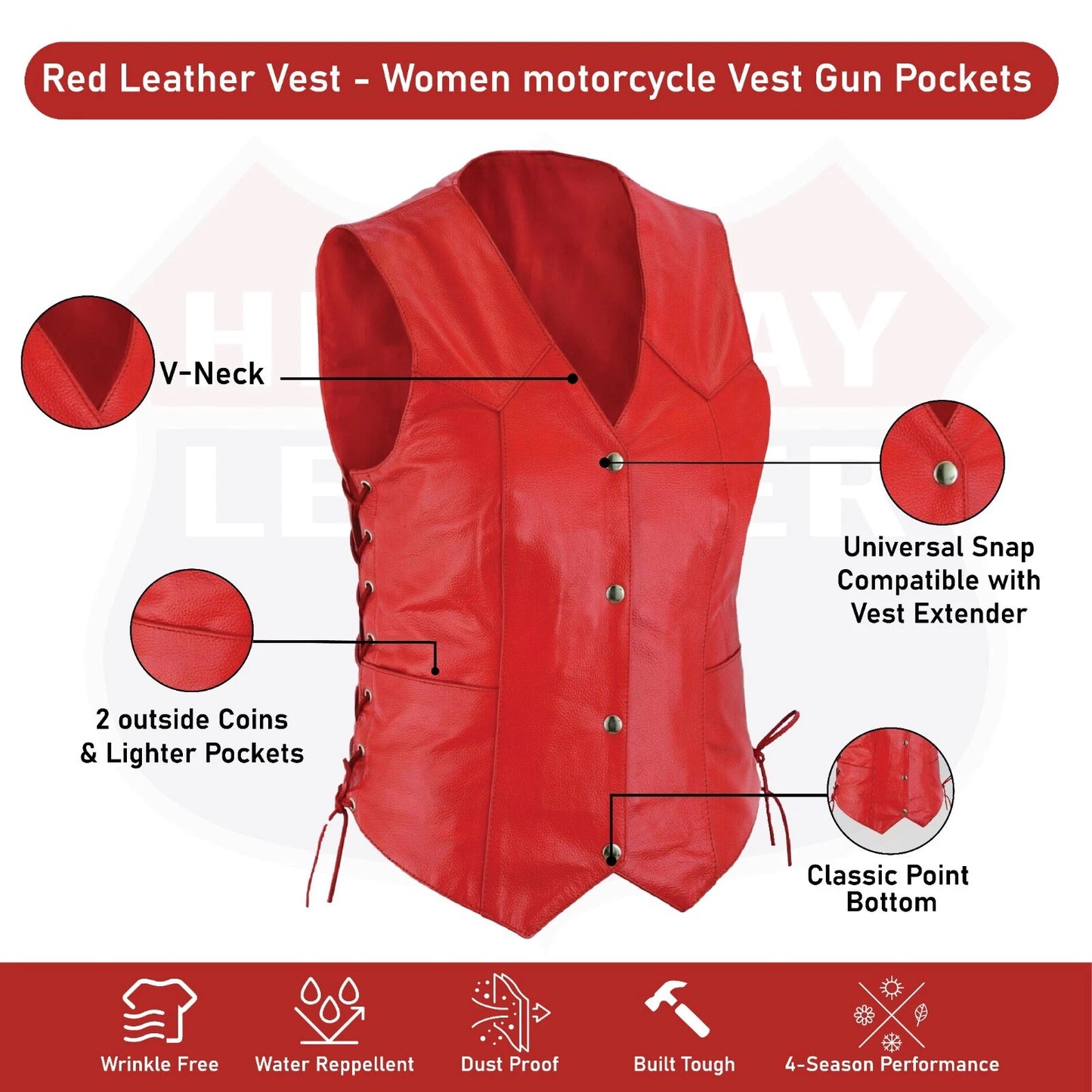 Women's Red Leather Motorcycle Vest – Gun Pockets & Easy Patch Sewing