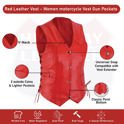 Women's Red Leather Motorcycle Vest – Gun Pockets & Easy Patch Sewing