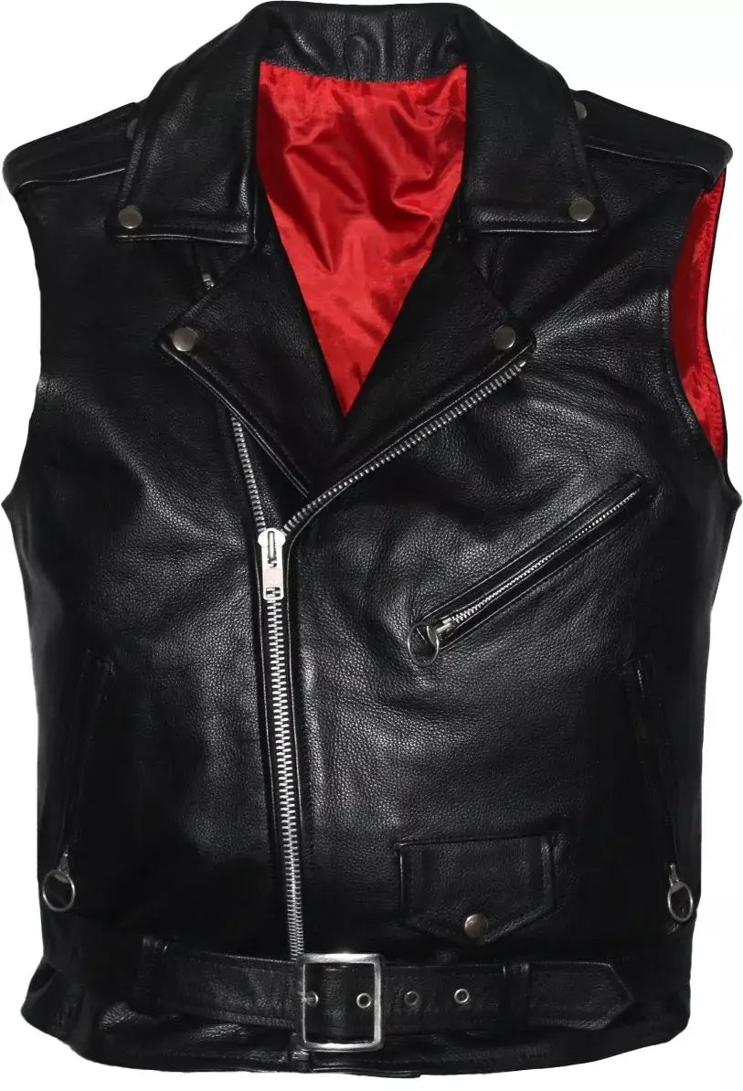 Men’s Classic Motorcycle Leather Biker Vest – Red Liner, Club Style Riding Gear