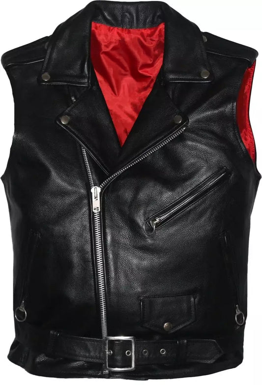 Men’s Classic Motorcycle Leather Biker Vest – Red Liner, Club Style Riding Gear