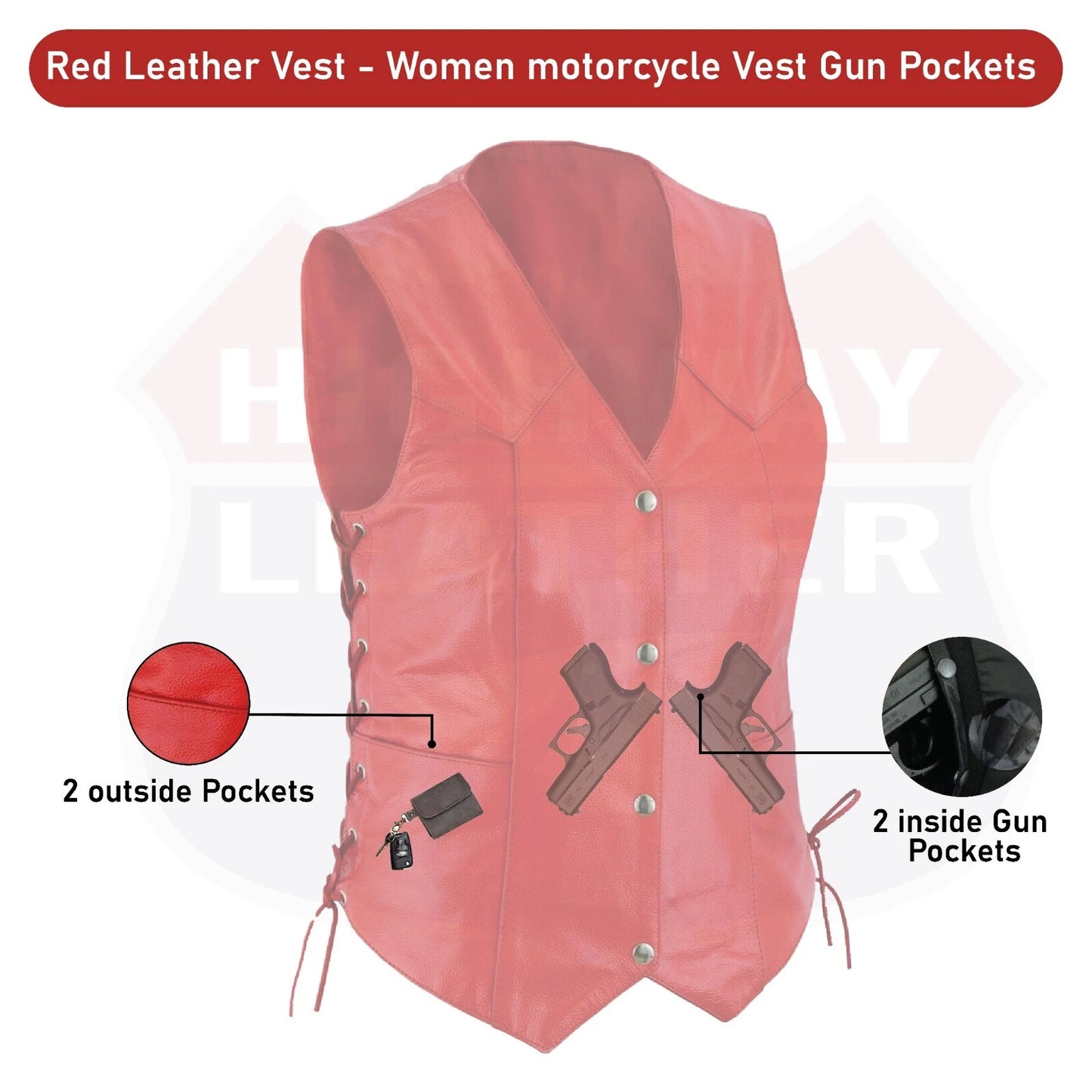 Women's Red Leather Motorcycle Vest – Gun Pockets & Easy Patch Sewing