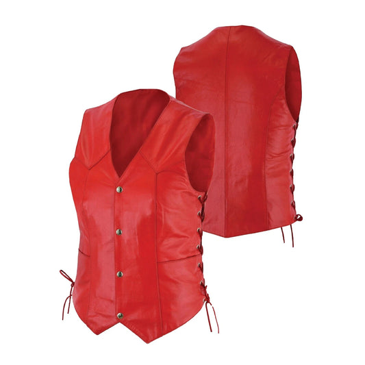 Women's Red Leather Motorcycle Vest – Gun Pockets & Easy Patch Sewing
