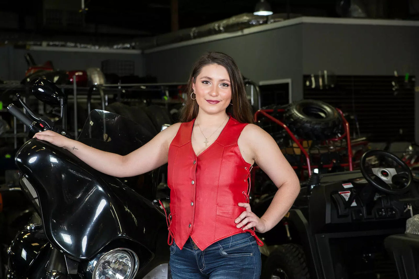 Women's Red Leather Motorcycle Vest – Gun Pockets & Easy Patch Sewing