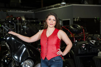 Women's Red Leather Motorcycle Vest – Gun Pockets & Easy Patch Sewing