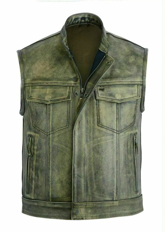 LuxHide Men’s Distressed Leather Motorcycle Vest – Biker Club Style, Gun Pocket, Anarchy Look