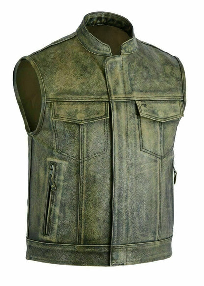 LuxHide Men’s Distressed Leather Motorcycle Vest – Biker Club Style, Gun Pocket, Anarchy Look