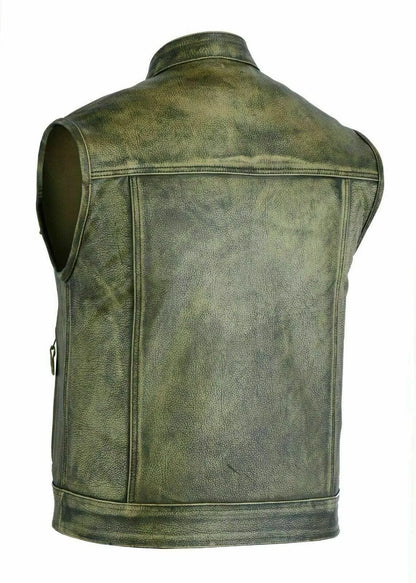 LuxHide Men’s Distressed Leather Motorcycle Vest – Biker Club Style, Gun Pocket, Anarchy Look