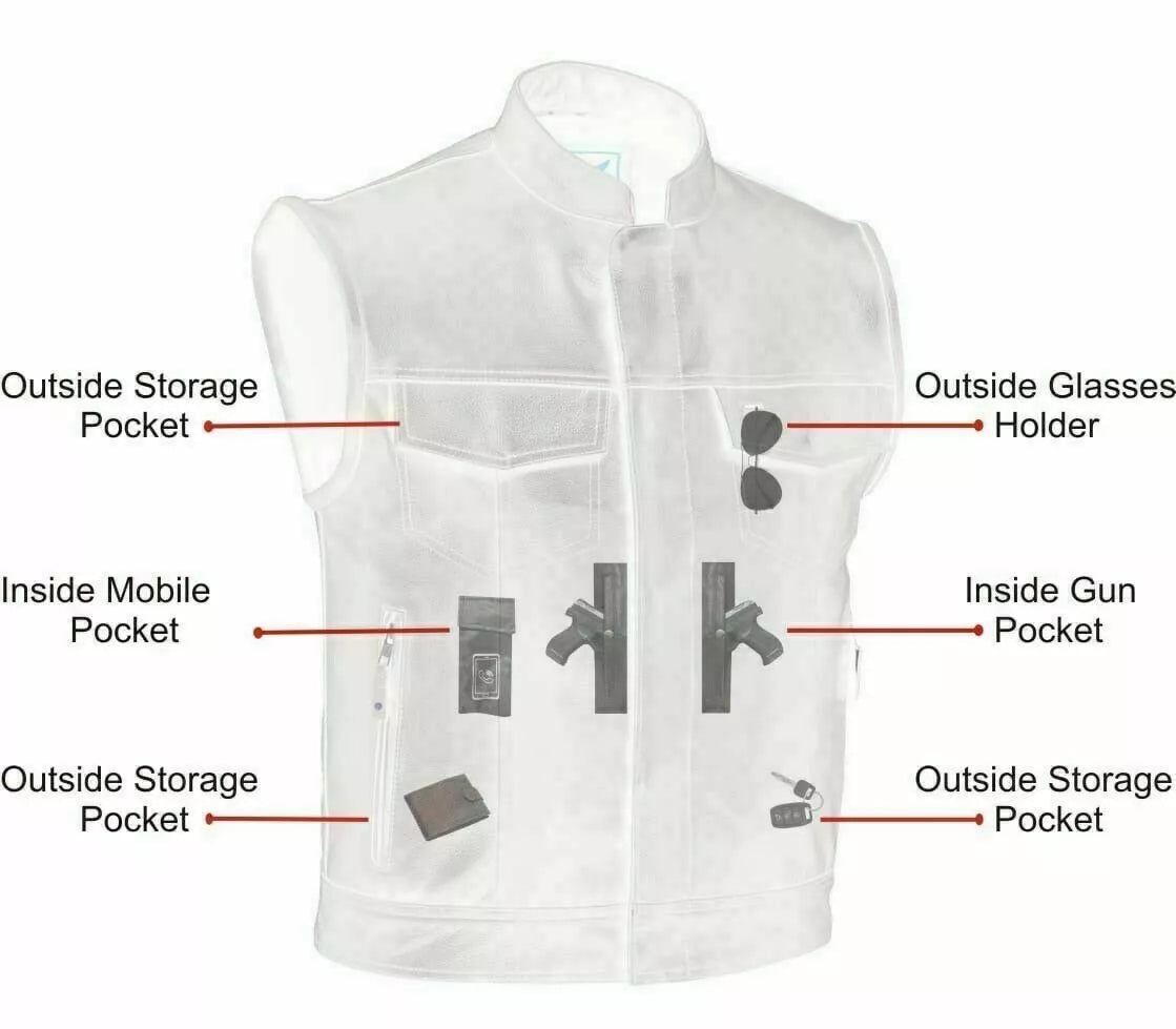 LuxHide Men’s Distressed Leather Motorcycle Vest – Biker Club Style, Gun Pocket, Anarchy Look