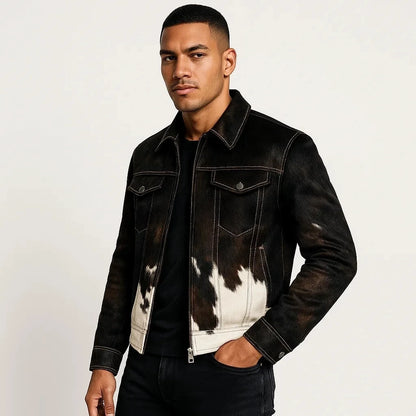 Men's Cowhide Hair-On Leather Jacket Real Pony Skin Animal Print Coat Premium