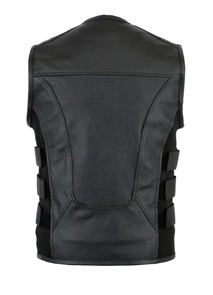 Men’s Real Leather Motorcycle Vest – Side Buckle Style, Lightweight Grid Leather for Summer Riders