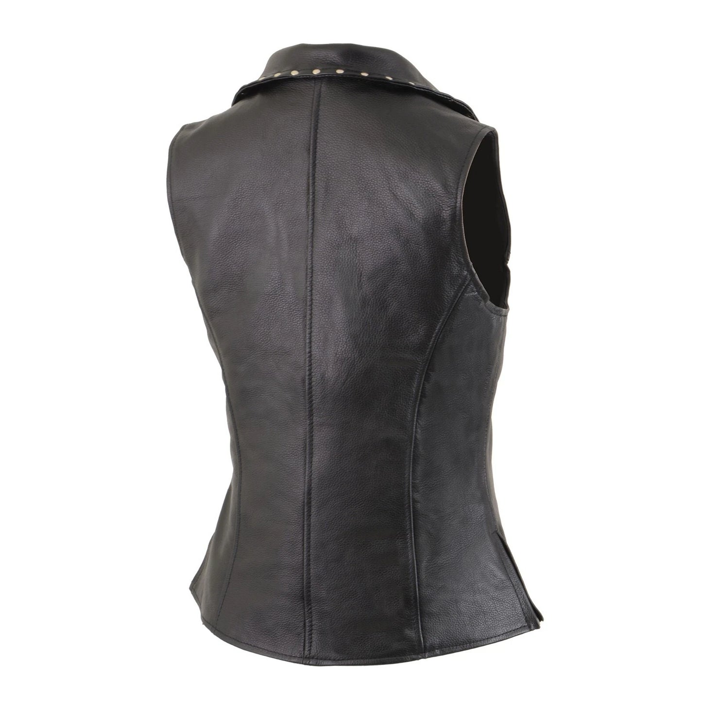 Ladies Black Leather Biker Vest – Riveted Lapel Collar Design