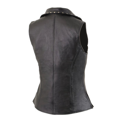 Ladies Black Leather Biker Vest – Riveted Lapel Collar Design