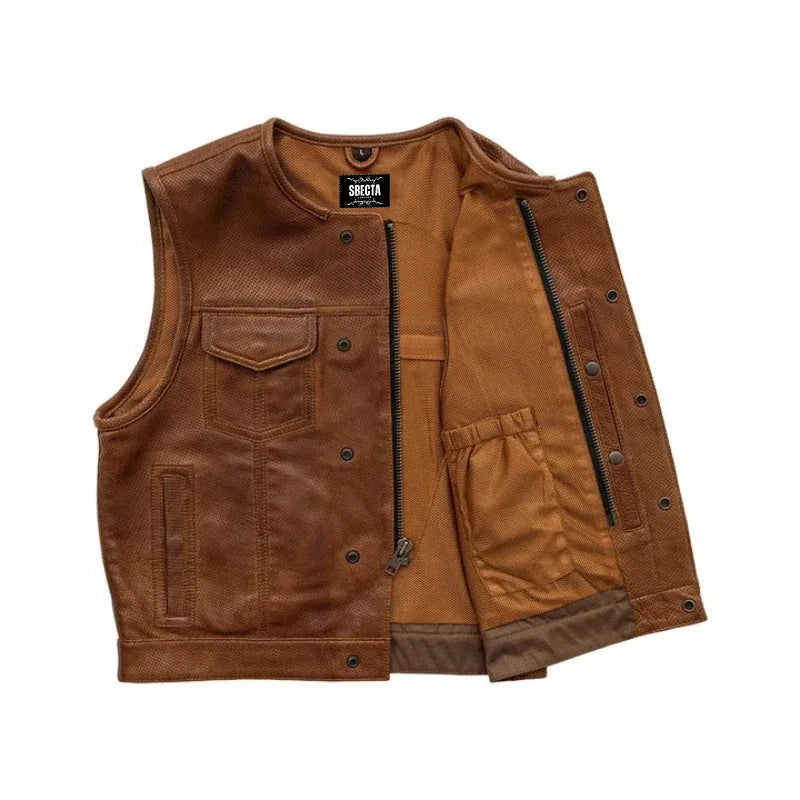 Men's Motorcycle Vest – Low Side Cut, Perforated Soft Genuine Cowhide Leather, Grid Pattern Biker Vest
