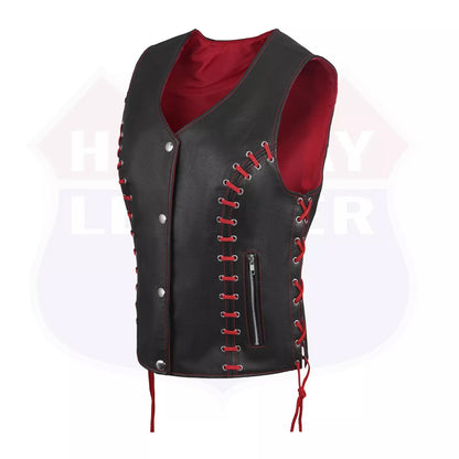 Women's Red & Black Buffalo Leather Vest – Stylish Eyelet Detailing