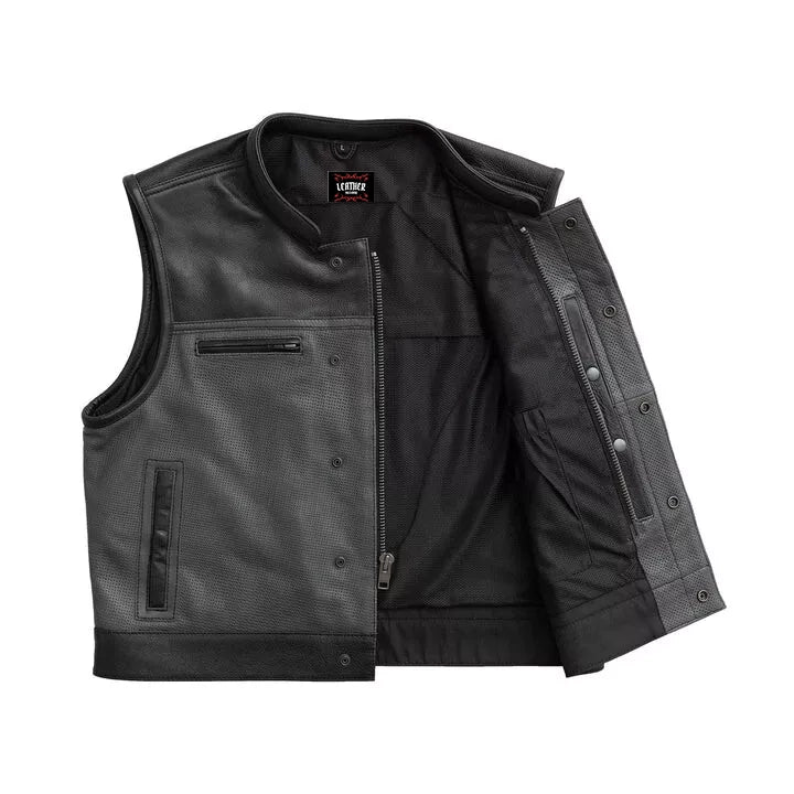 Motorcycle Lowrider Men's Leather Vest – Perforated Cowhide Club Style Biker Gear