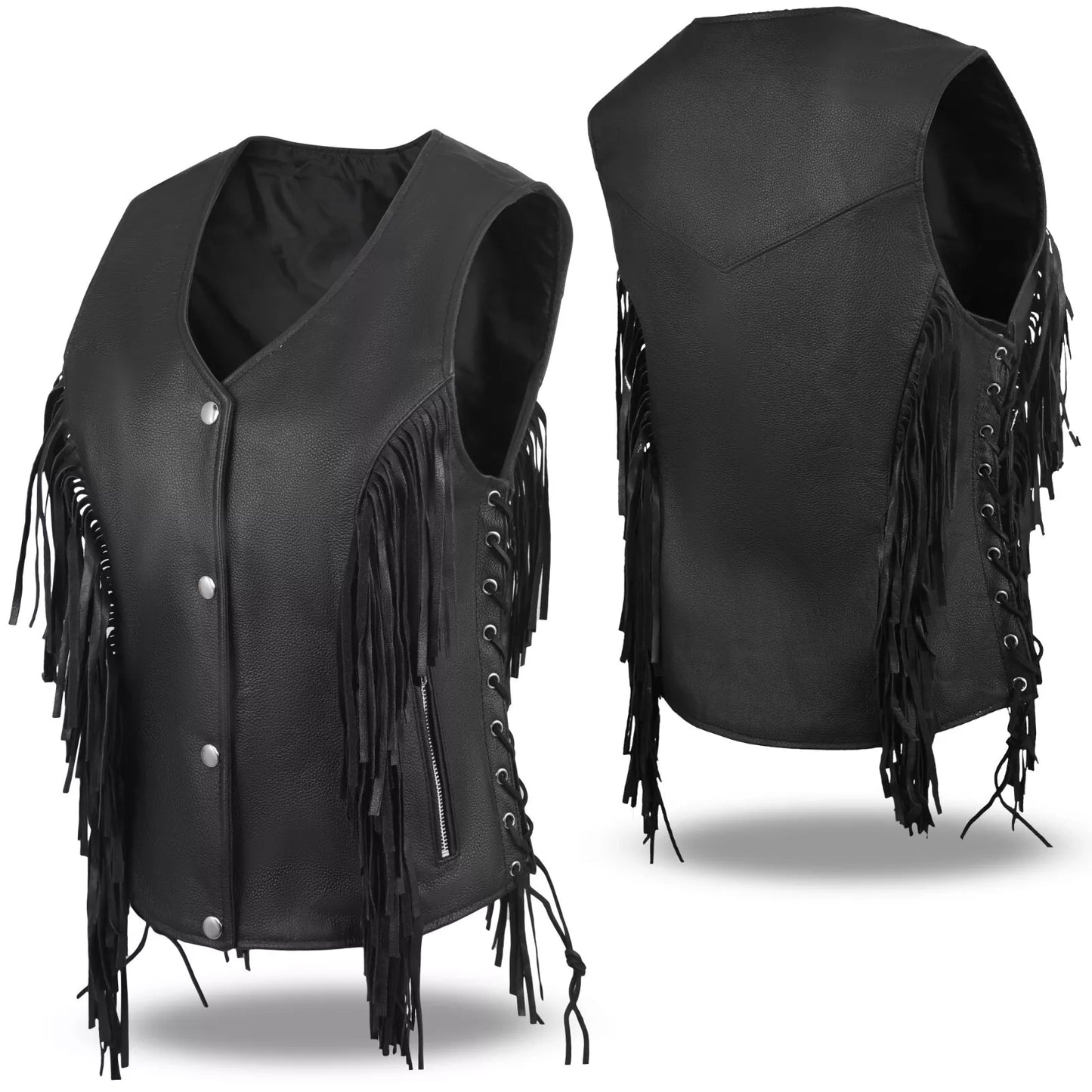 Women's Black Buffalo Leather Vest – Fringe Detail & Side Lace