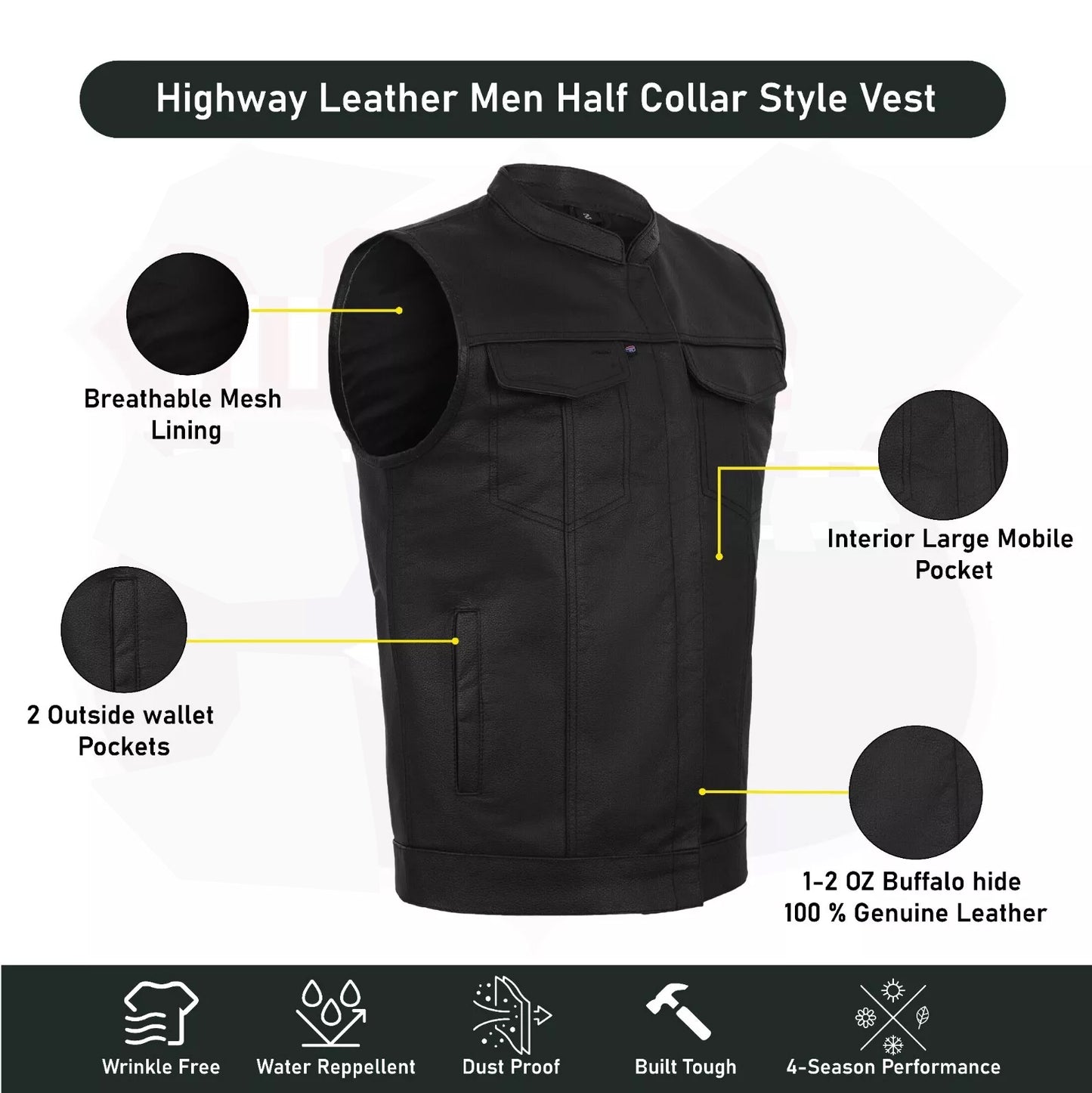 Men’s Leather Motorcycle Vest – Anarchy Biker Club Style, Concealed Carry, Outlaw Look