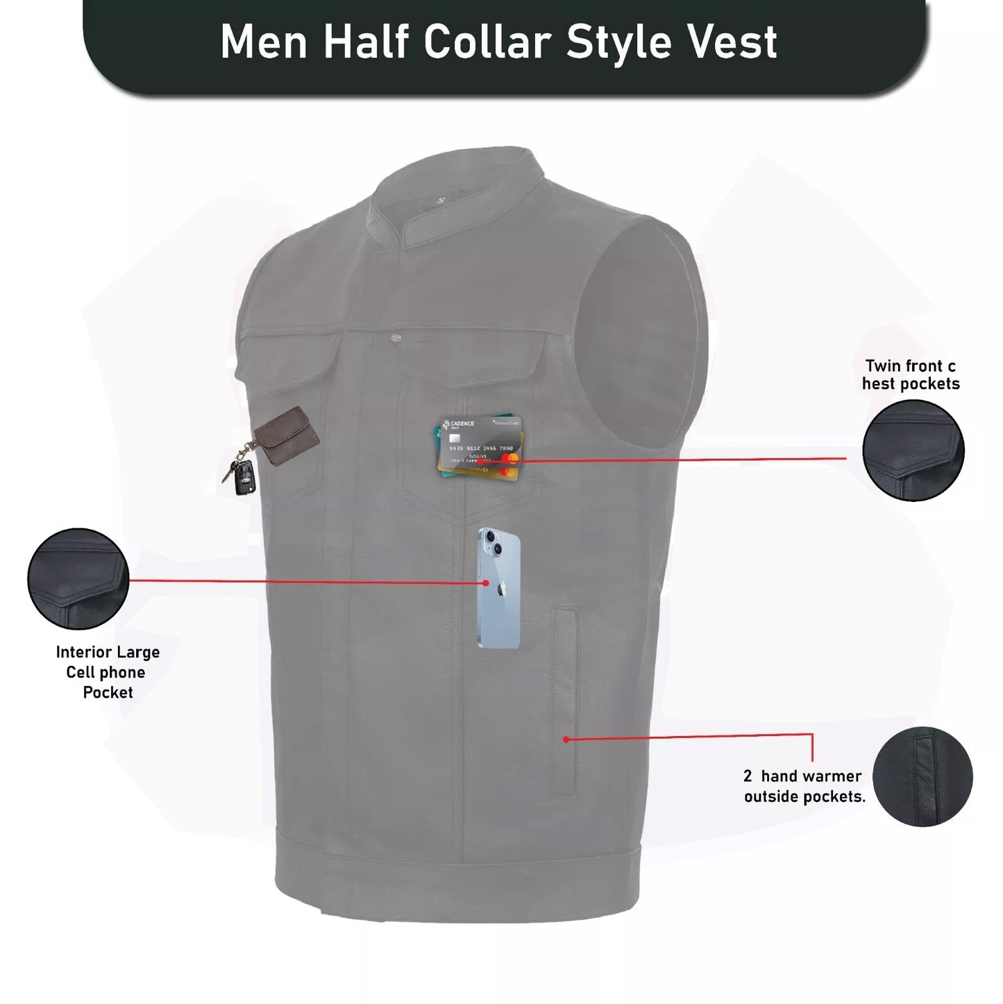 Men’s Leather Motorcycle Vest – Anarchy Biker Club Style, Concealed Carry, Outlaw Look