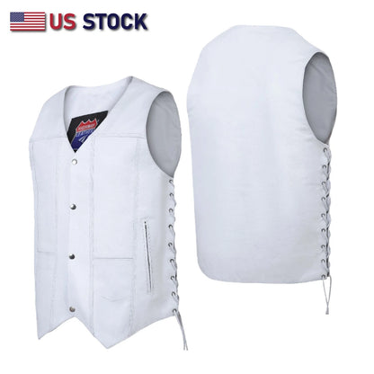 White Leather Biker Vest for Men – 7-Pocket Motorcycle Club Style