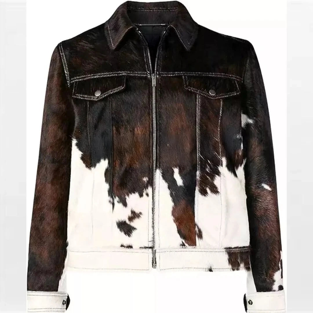 Men's Cowhide Hair-On Leather Jacket Real Pony Skin Animal Print Coat Premium
