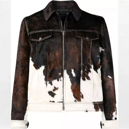 Men's Cowhide Hair-On Leather Jacket Real Pony Skin Animal Print Coat Premium