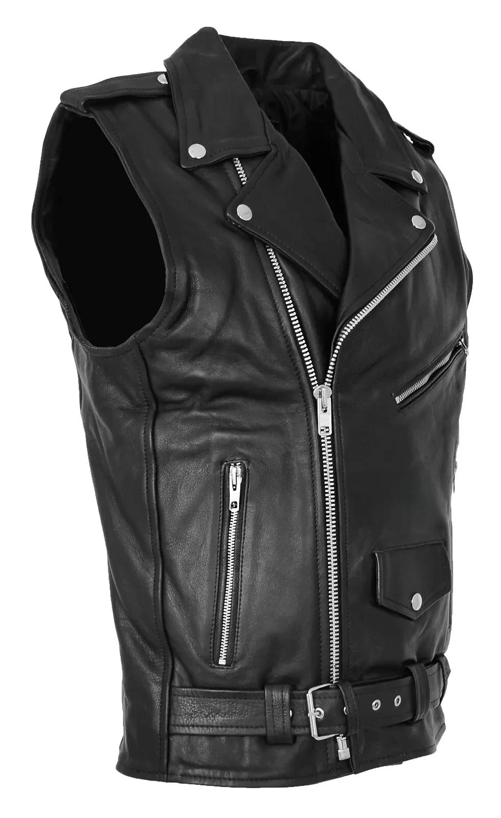 Men's Black Biker Leather Vest – Asymmetrical Zipper Motorcycle Club Style