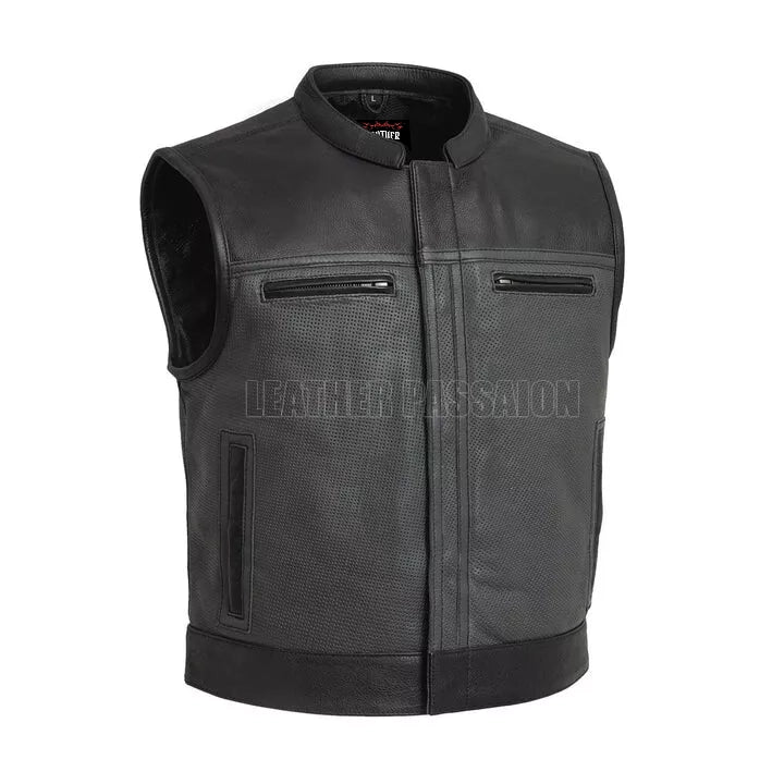 Motorcycle Lowrider Men's Leather Vest – Perforated Cowhide Club Style Biker Gear