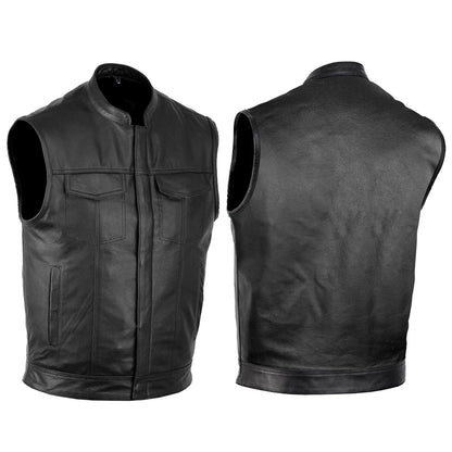 Men's Motorcycle Club Leather Vest – Concealed Carry, Solid Back for Patches