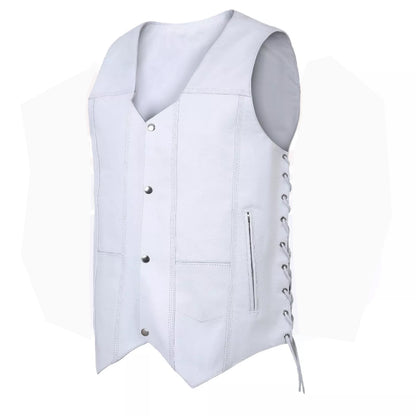 White Leather Biker Vest for Men – 7-Pocket Motorcycle Club Style