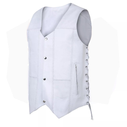 White Leather Biker Vest for Men – 7-Pocket Motorcycle Club Style