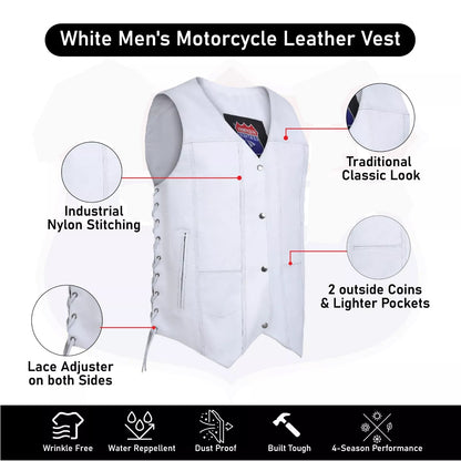 White Leather Biker Vest for Men – 7-Pocket Motorcycle Club Style