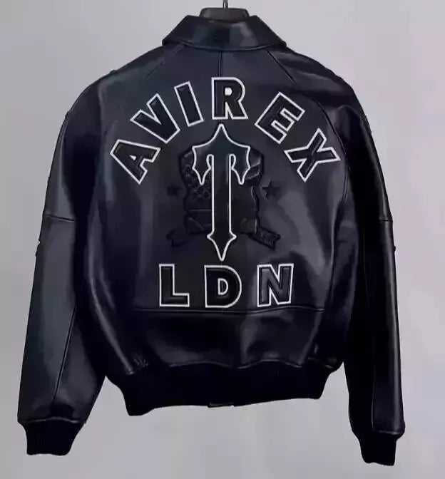 TRAPSTAR X AVIREX Men’s Black Leather Bomber Jacket – Genuine American Style